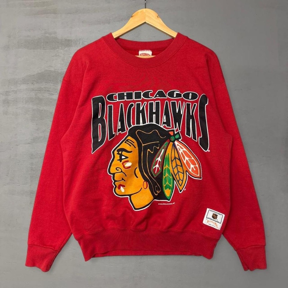 Vintage Nutmeg Mills Chicago Blackhawks Crewneck Sweatshirt Red 1989 NHL Large